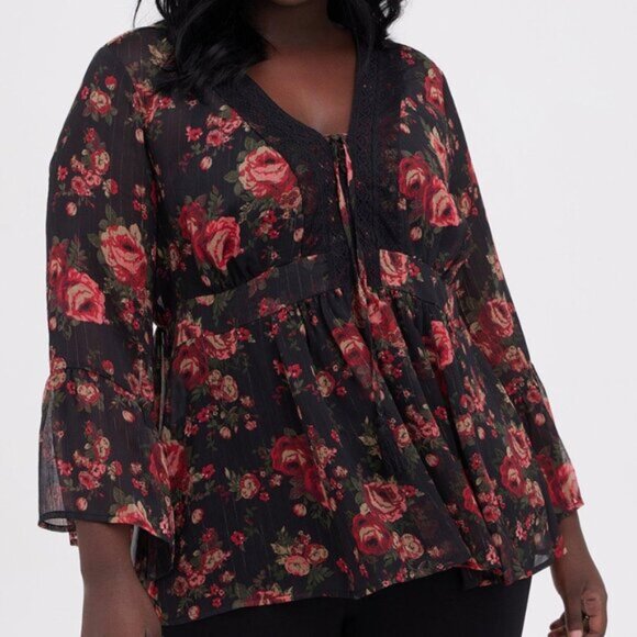 Black Torrid Chiffon Blouse Sheer Babydoll Lurex Crochet Boho Red Floral… - Picture 3 of 11